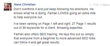 Hans Christian Testimonial for Farhan Syed SEO